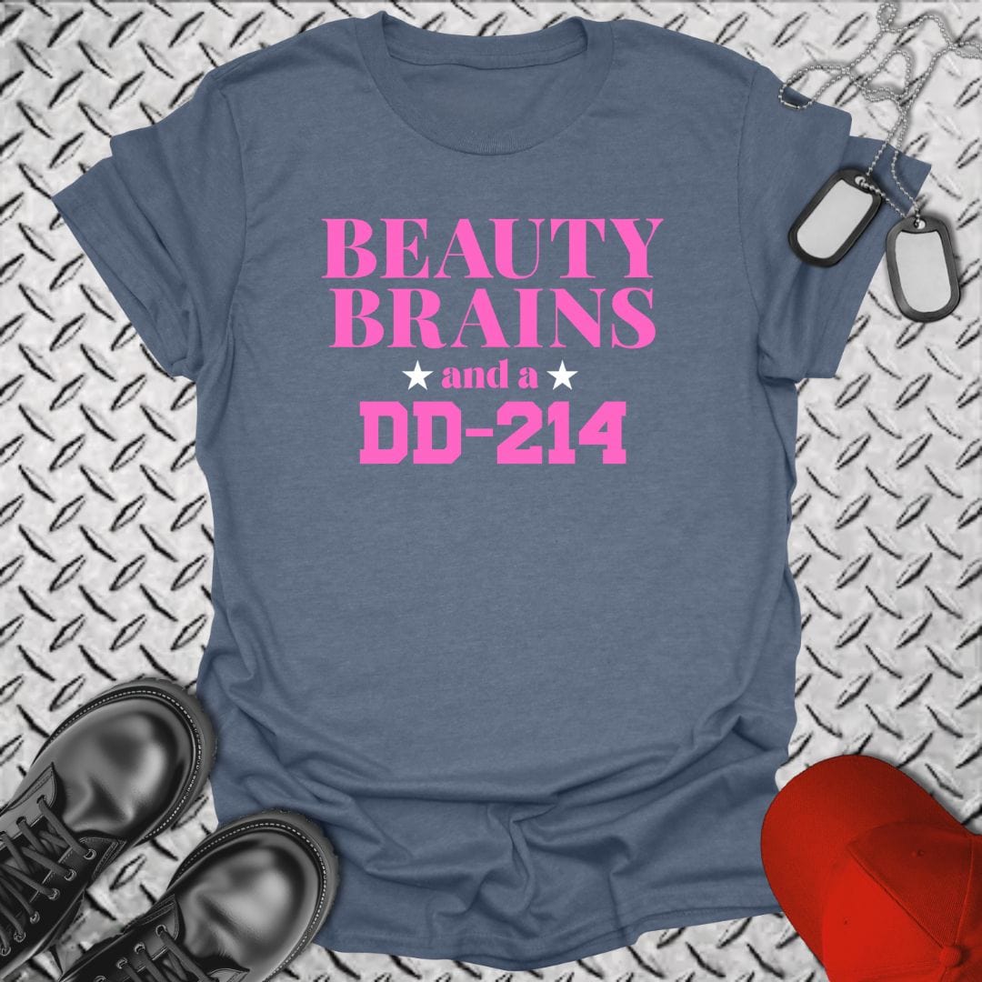 NavyHumor T-Shirt Heather Indigo / S Beauty, Brains, DD-214 (Pink Edition) T-shirt
