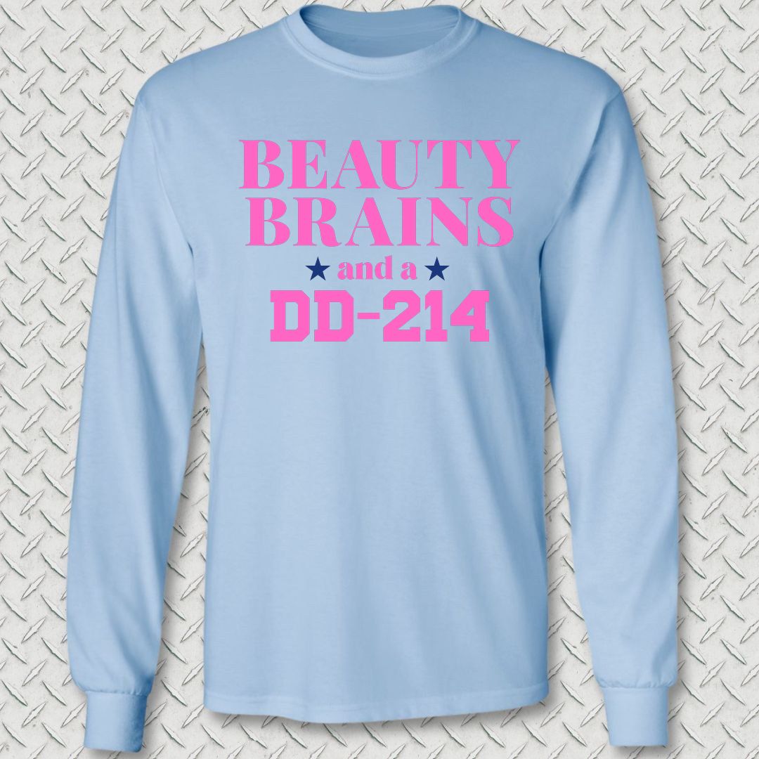 Beauty, Brains, DD-214 (Pink Edition) Long Sleeve Tee - Light Blue