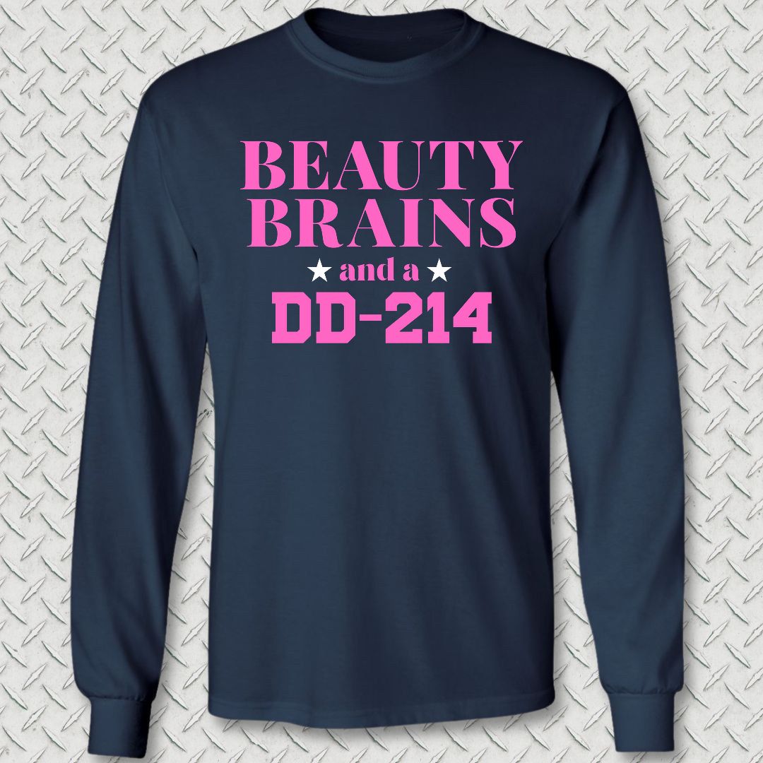 Beauty, Brains, DD-214 (Pink Edition) Long Sleeve Tee - Navy