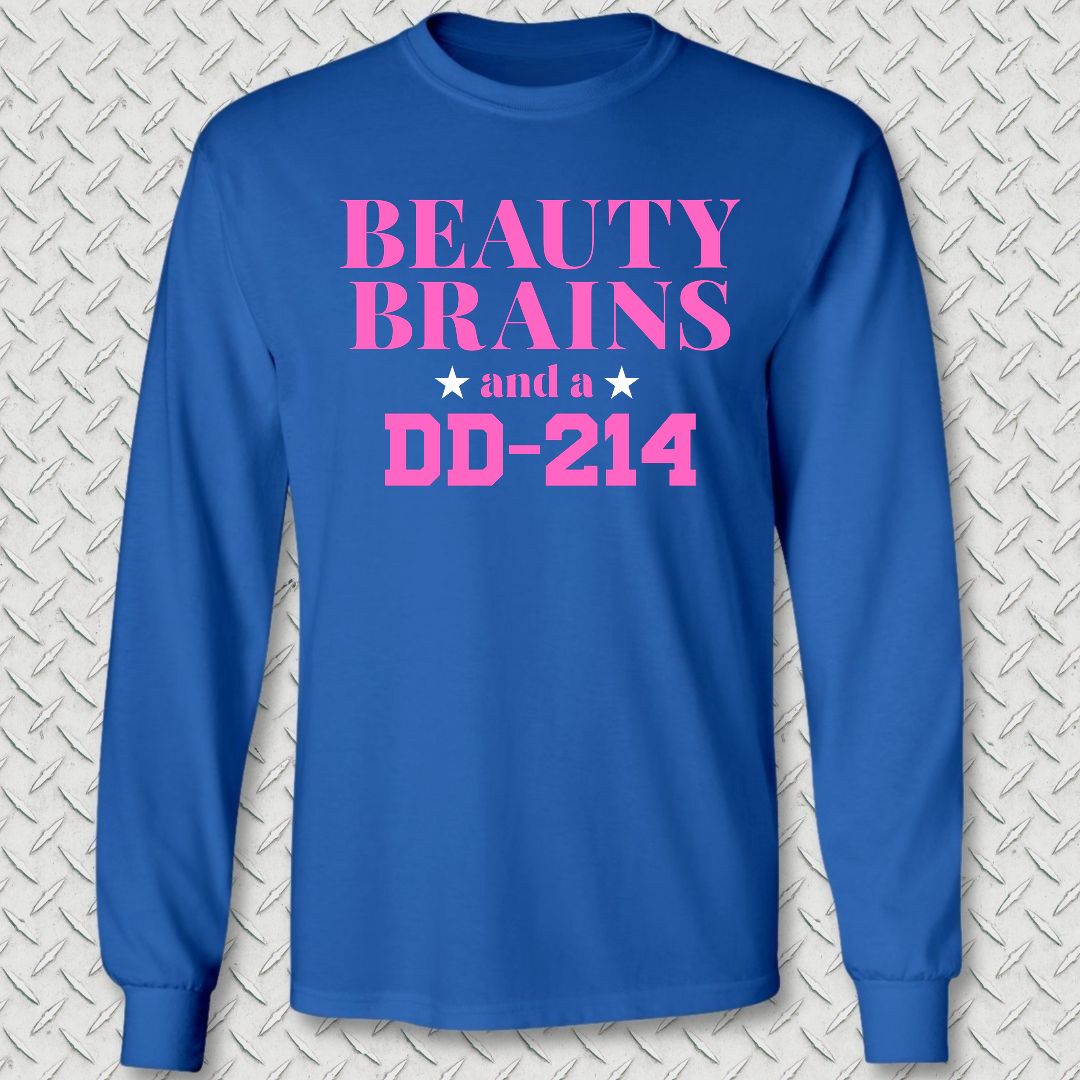 Beauty, Brains, DD-214 (Pink Edition) Long Sleeve Tee - Royal Blue