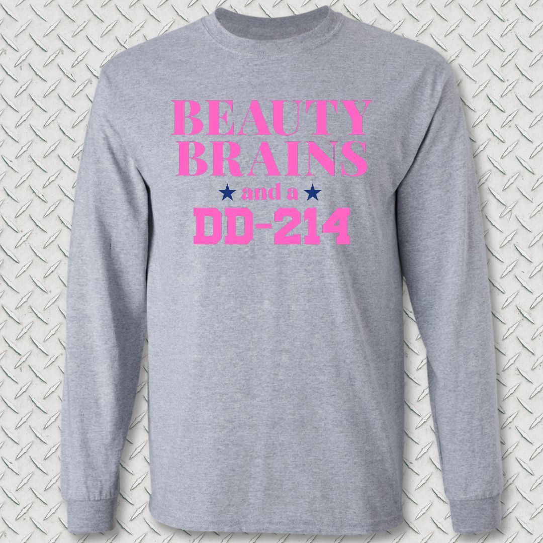 Beauty, Brains, DD-214 (Pink Edition) Long Sleeve Tee - Sport Grey