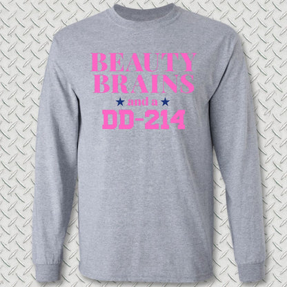 Beauty, Brains, DD-214 (Pink Edition) Long Sleeve Tee - Sport Grey