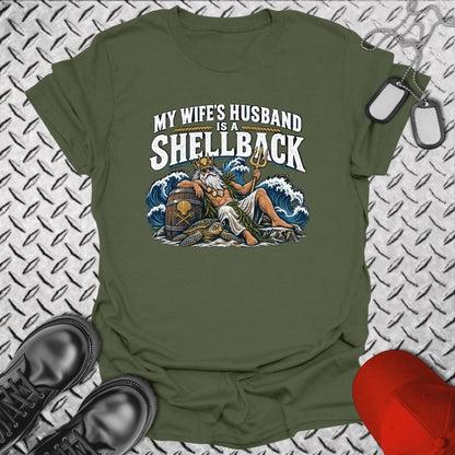 NavyHumor Everyday Tee Military Green / S My Wife's Husband Is A Shellback
