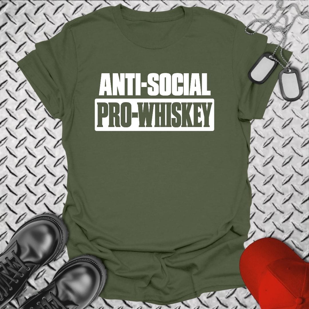 NavyHumor Everyday Tee S / Military Green Anti-Social, Pro-Whiskey