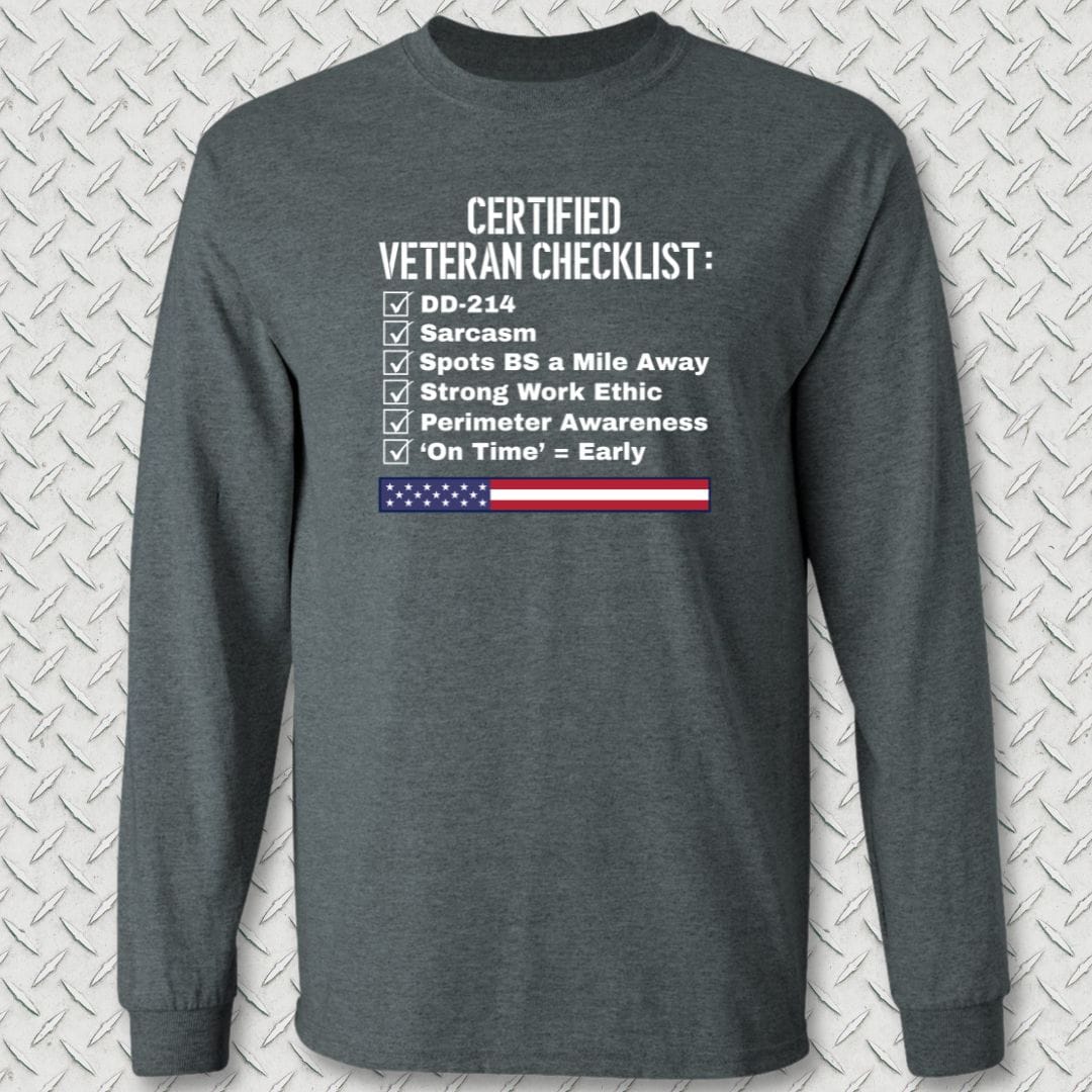 NavyHumor Long-sleeve Dark Heather / S Certified Veteran Checklist Long Sleeve Tee