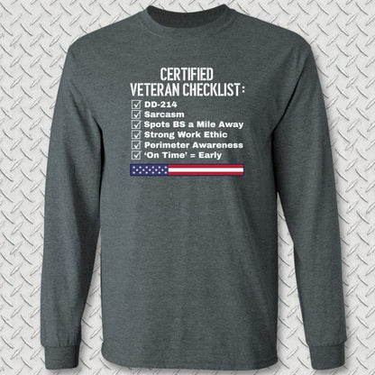NavyHumor Long-sleeve Dark Heather / S Certified Veteran Checklist Long Sleeve Tee