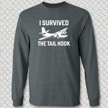 NavyHumor Long-sleeve Dark Heather / S I Survived The Tail Hook: S-2 Tracker Long Sleeve Tee