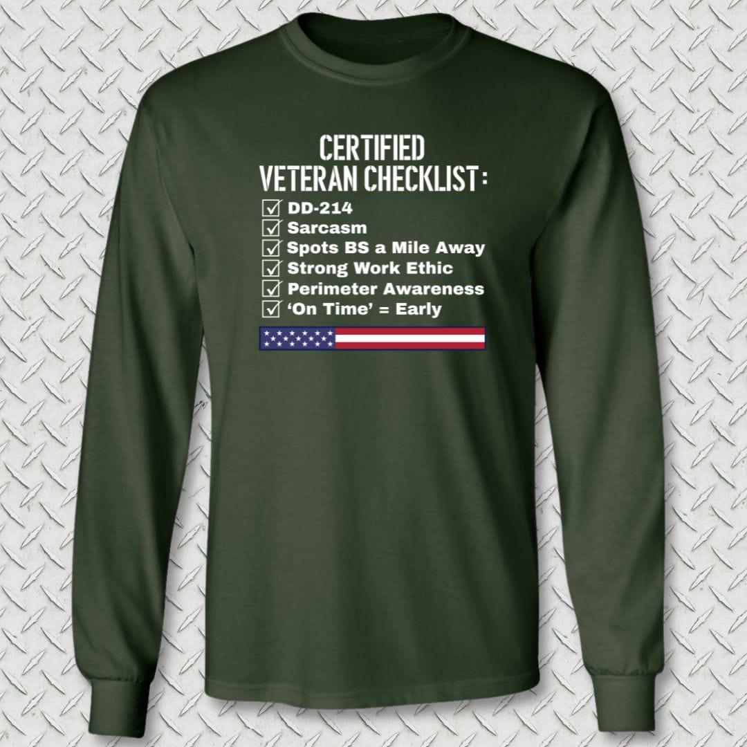 NavyHumor Long-sleeve Forest Green / M Certified Veteran Checklist Long Sleeve Tee
