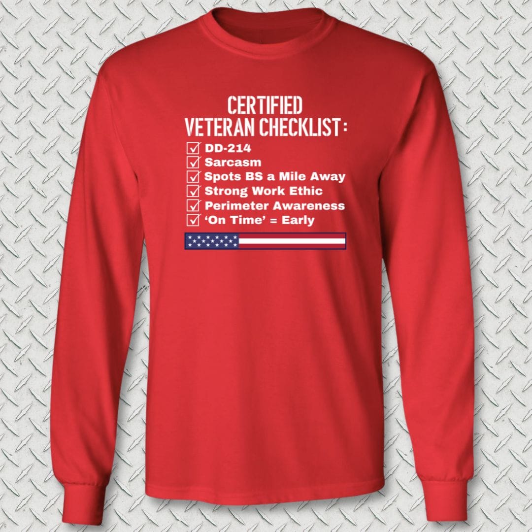 NavyHumor Long-sleeve Red / S Certified Veteran Checklist Long Sleeve Tee