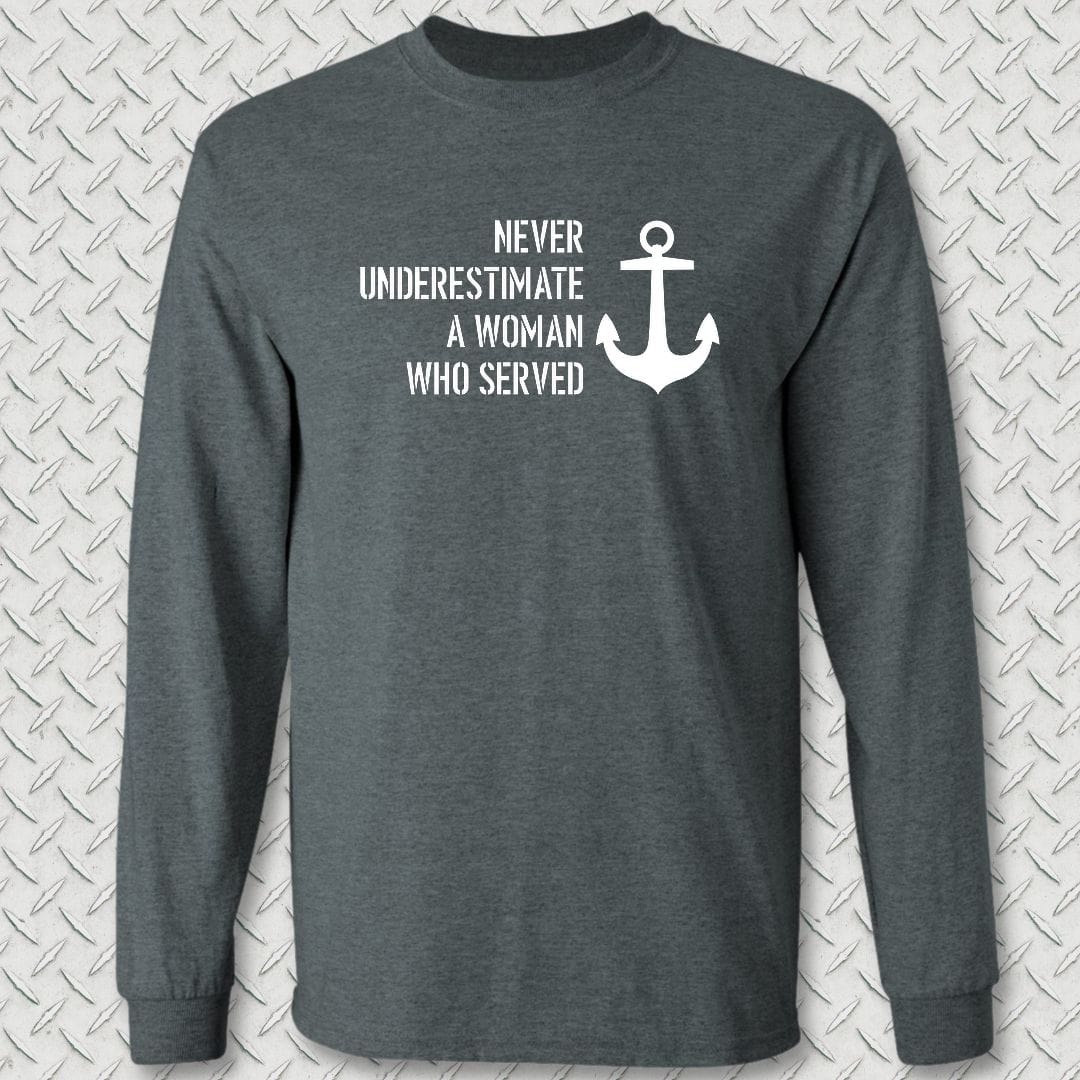 NavyHumor Long-sleeve S / Dark Heather Never Underestimate A Woman Long Sleeve Tee