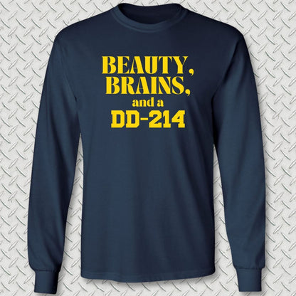 NavyHumor Long-sleeve S / Navy Beauty, Brains, and a DD-214 Long Sleeve Tee