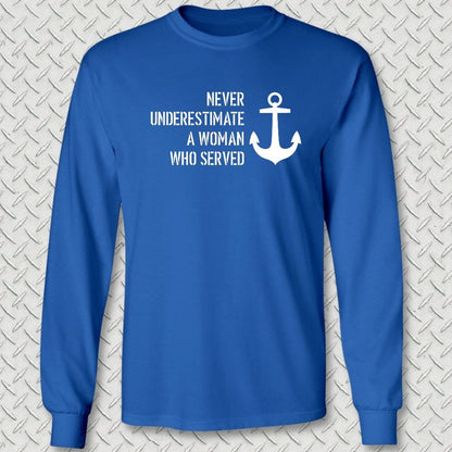 NavyHumor Long-sleeve S / Royal Blue Never Underestimate A Woman Long Sleeve Tee