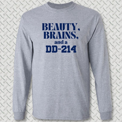 NavyHumor Long-sleeve S / Sport Grey Beauty, Brains, and a DD-214 Long Sleeve Tee