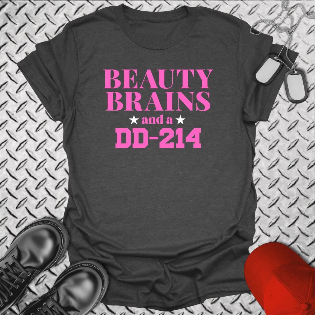 NavyHumor T-Shirt Dark Heather / S Beauty, Brains, DD-214 (Pink Edition) T-shirt