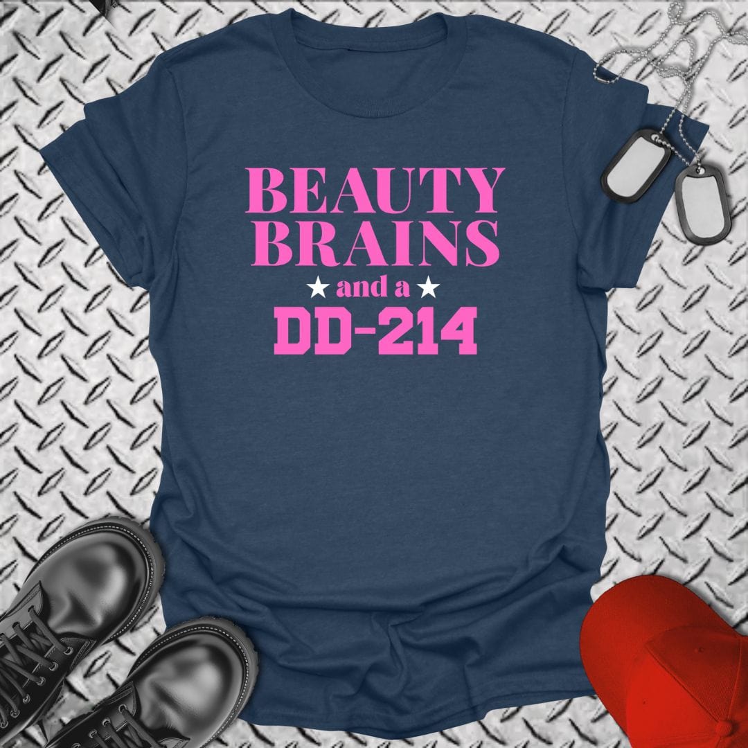 NavyHumor T-Shirt Heather Navy / S Beauty, Brains, DD-214 (Pink Edition) T-shirt