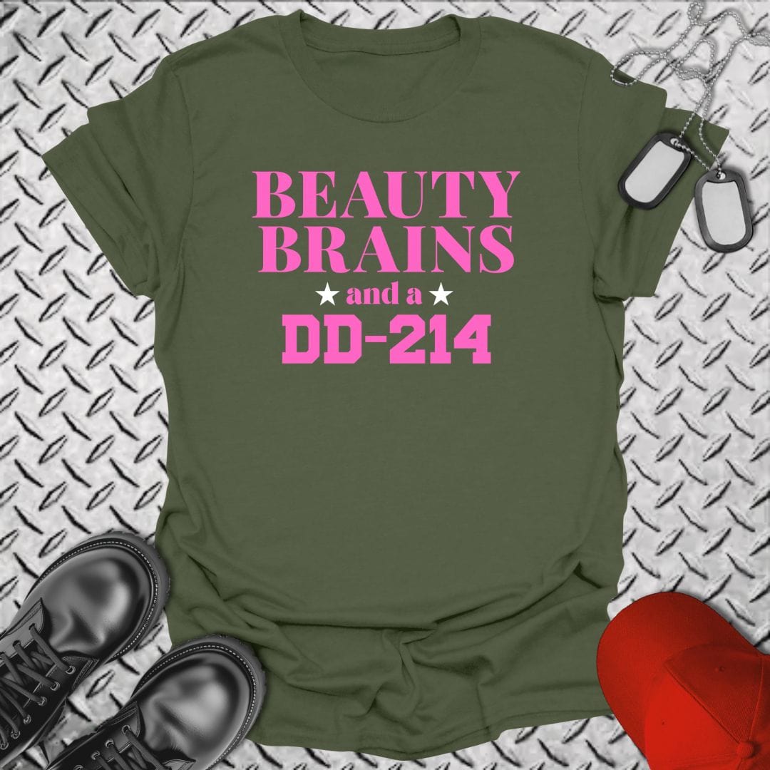 NavyHumor T-Shirt Military Green / S Beauty, Brains, DD-214 (Pink Edition) T-shirt