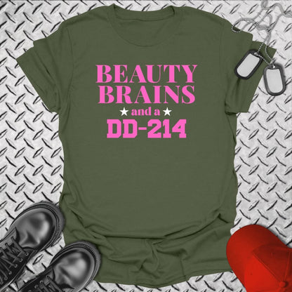 NavyHumor T-Shirt Military Green / S Beauty, Brains, DD-214 (Pink Edition) T-shirt