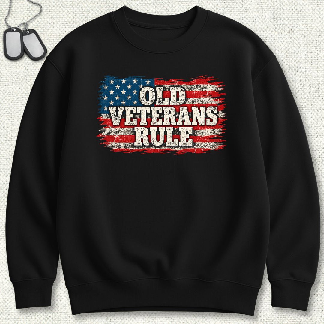 Old Veterans Rule Distressed Flag Sweatshirt - Black