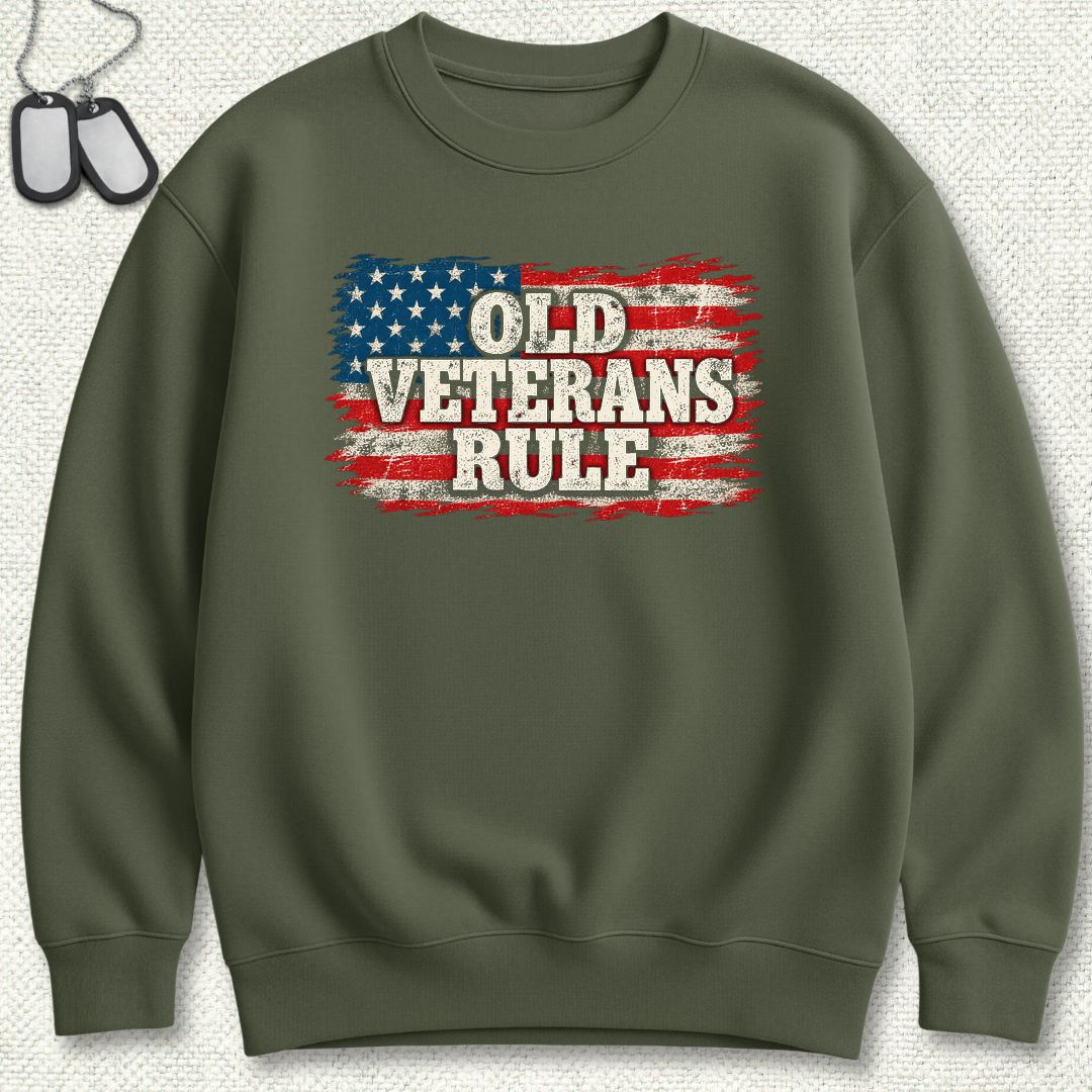 Old Veterans Rule Distressed Flag Sweatshirt - Military Green