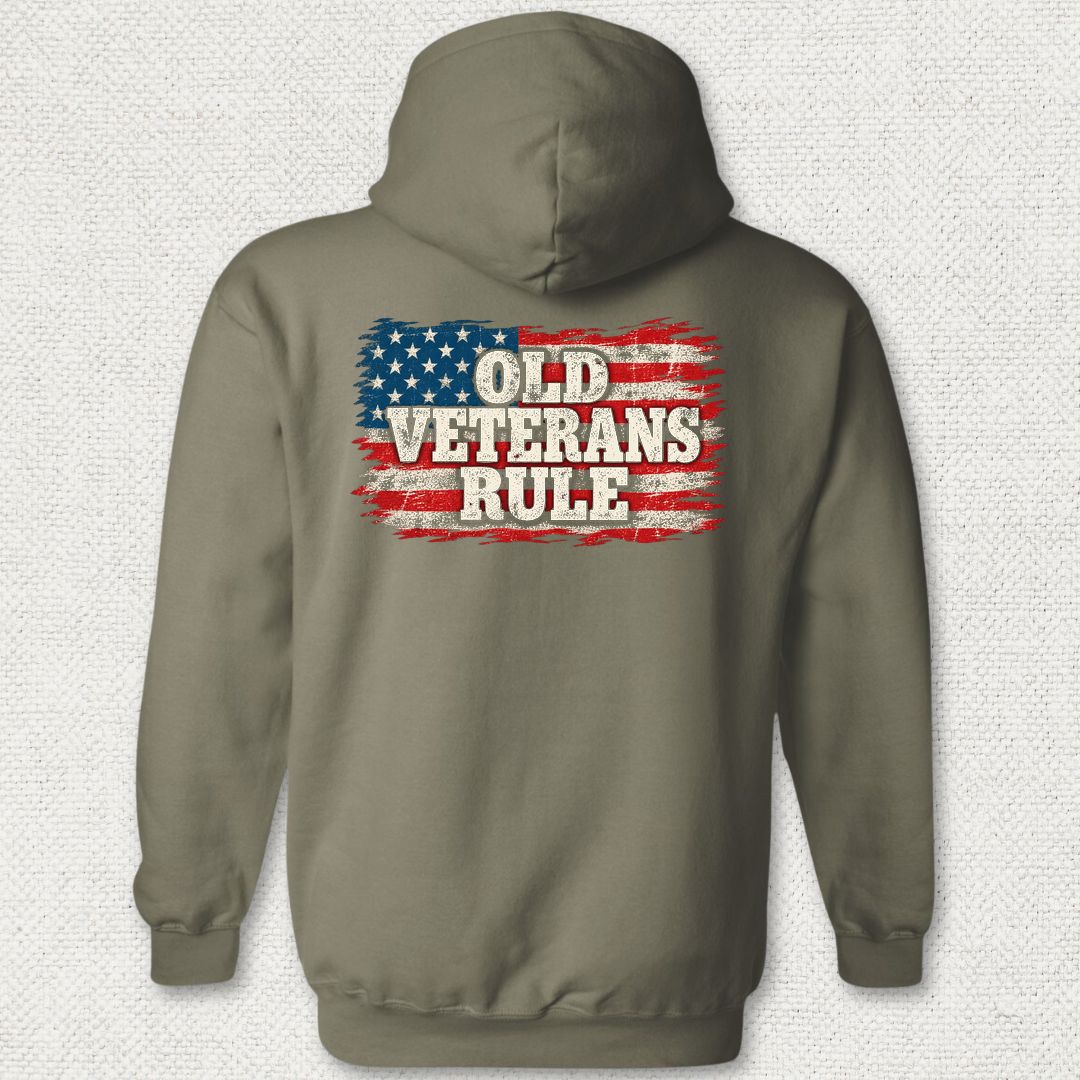 Old Veterans Rule Distressed Flag Hoodie - Military Green