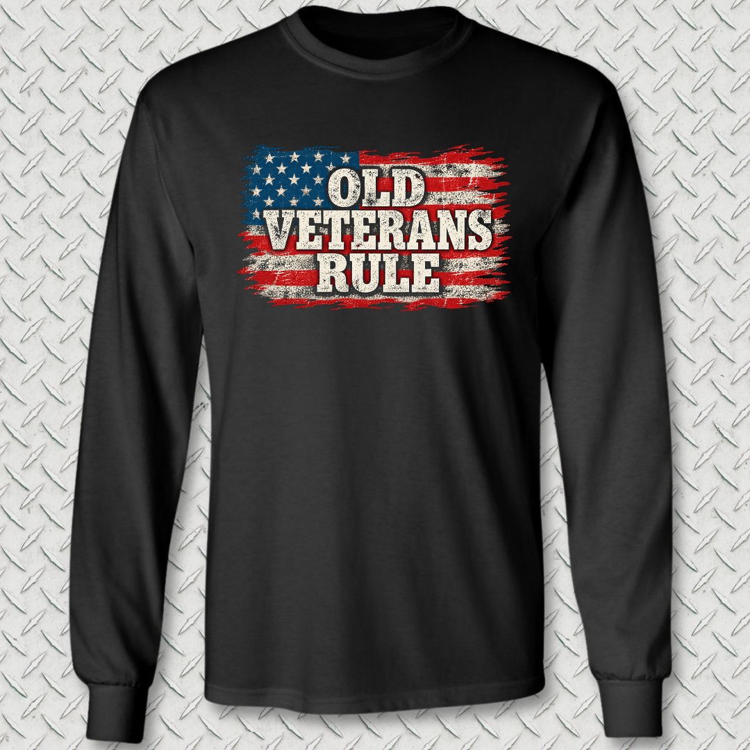 Old Veterans Rule Distressed Flag Long Sleeve Tee - Black