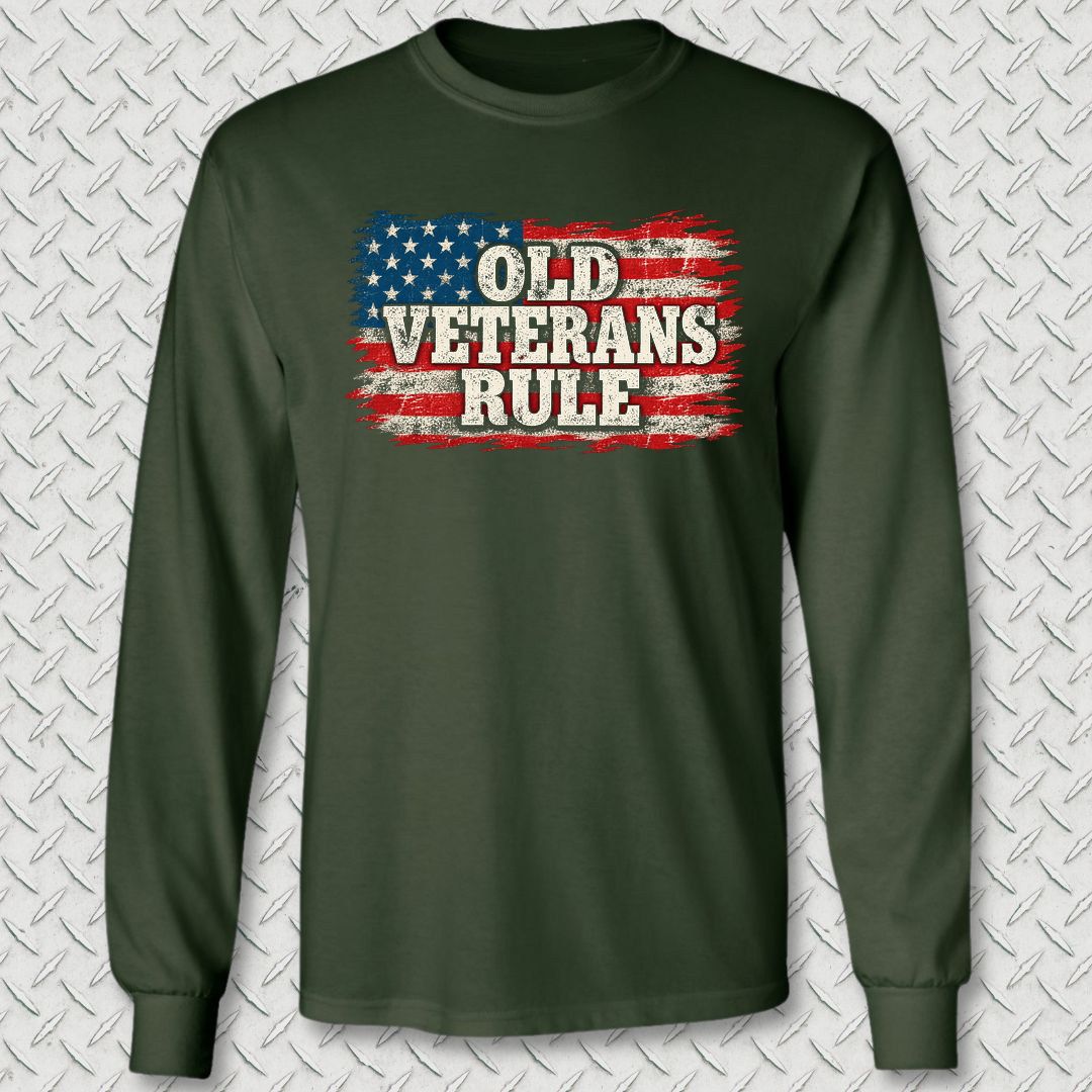 Old Veterans Rule Distressed Flag Long Sleeve Tee - Forest Green