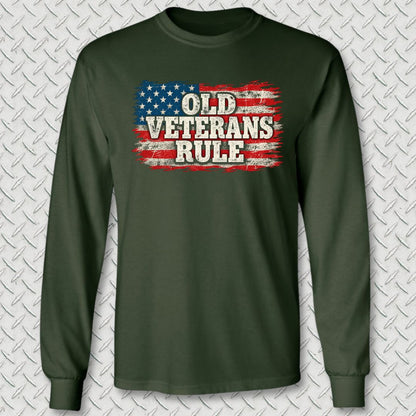 Old Veterans Rule Distressed Flag Long Sleeve Tee - Forest Green