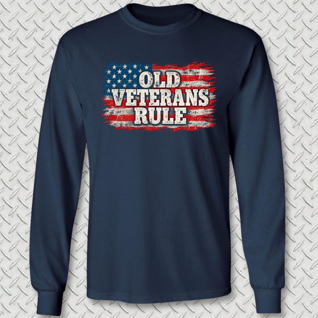 Old Veterans Rule Distressed Flag Long Sleeve Tee - Navy