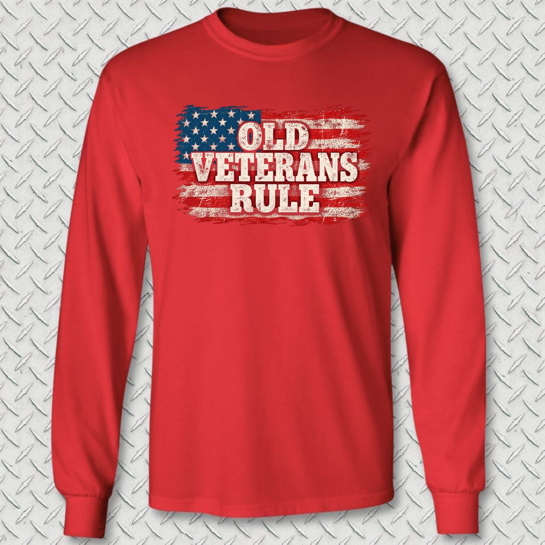 Old Veterans Rule Distressed Flag Long Sleeve Tee - Red