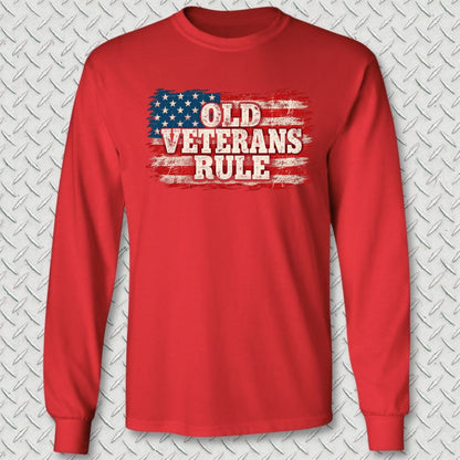Old Veterans Rule Distressed Flag Long Sleeve Tee - Red