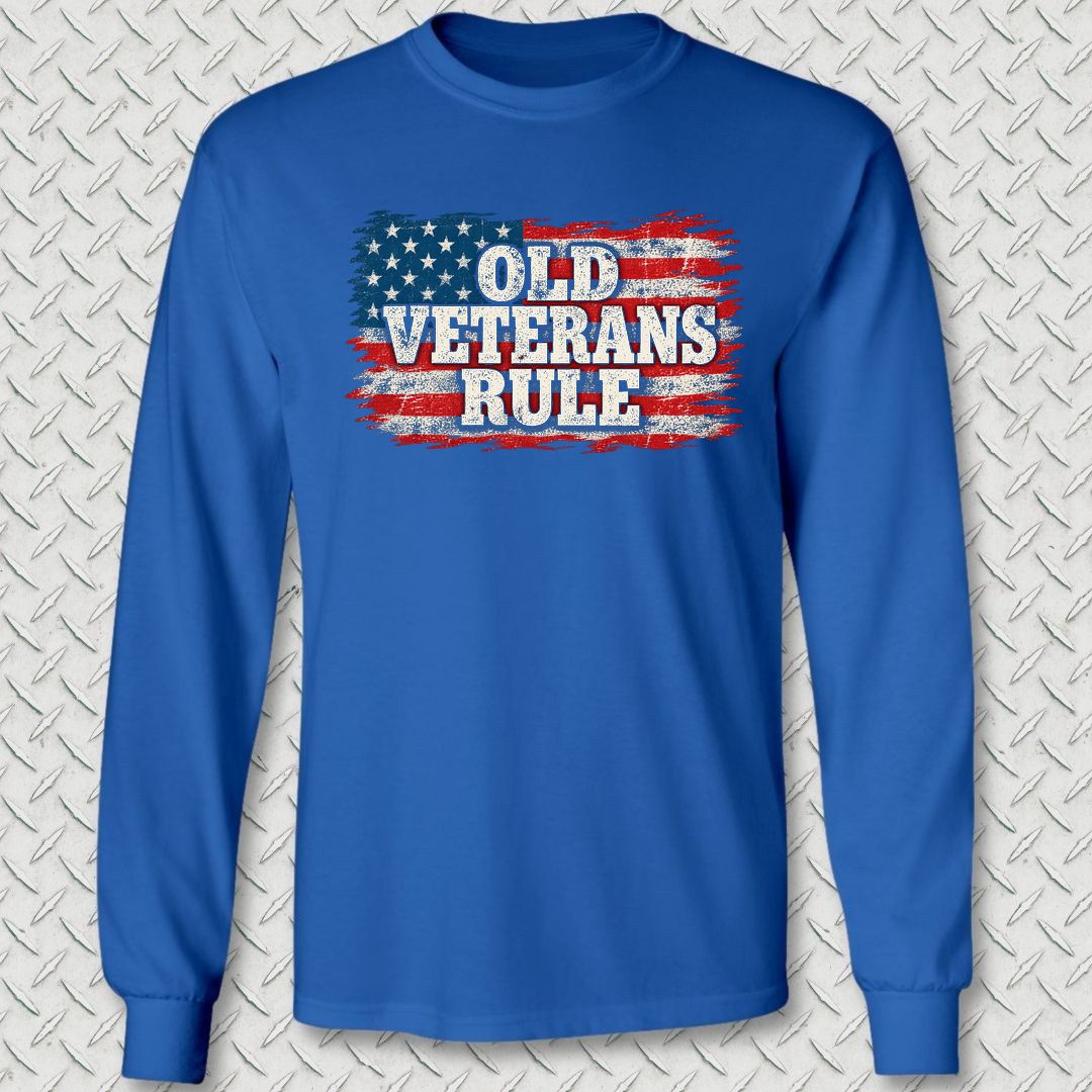 Old Veterans Rule Distressed Flag Long Sleeve Tee - Royal Blue